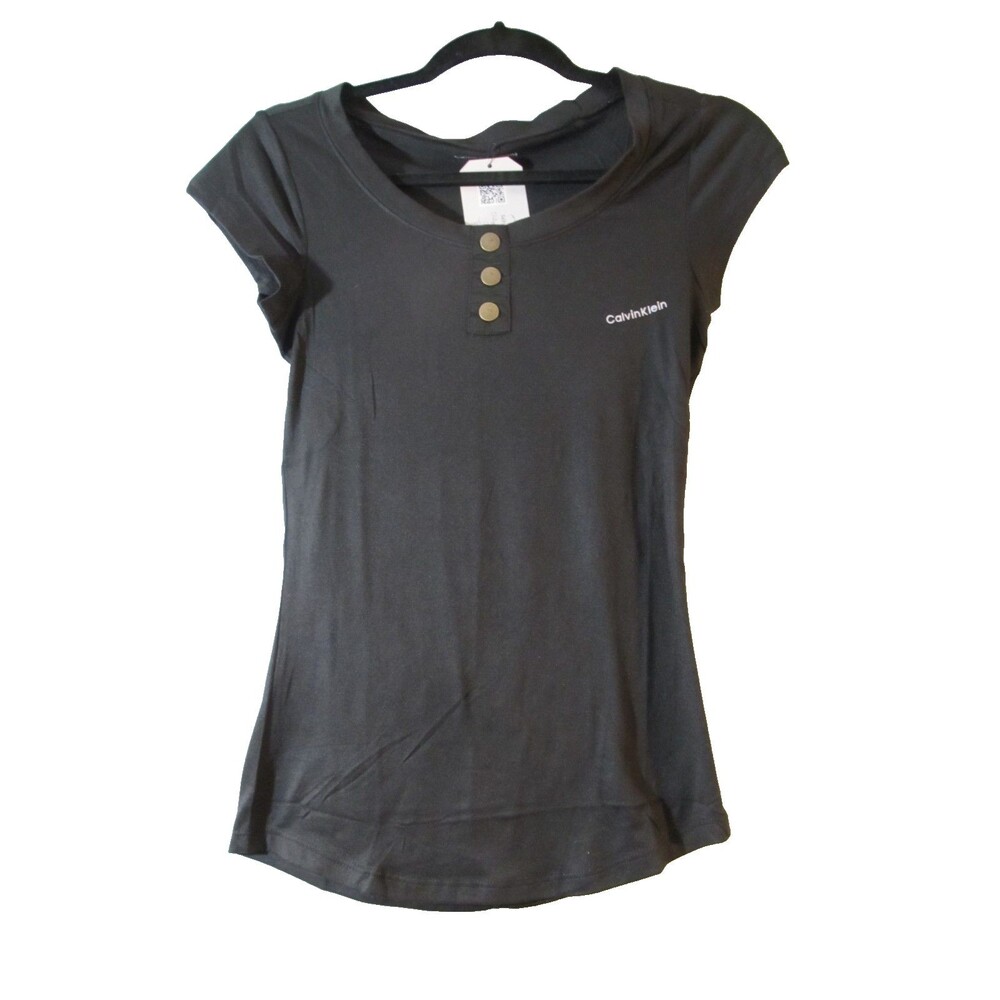 Calvin Klein Jeans Women Black Henley Top Small NWOT Short Sleeve Button Front